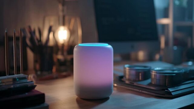 Smart Speaker on Desk with Office Supplies.