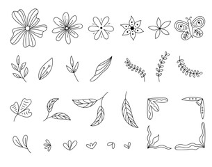 Fototapeta premium Floral doodle elements vector set. Line flowers, leaves, plants and botanical border corners. Cute black hand drawn design objects collection isolated on white background