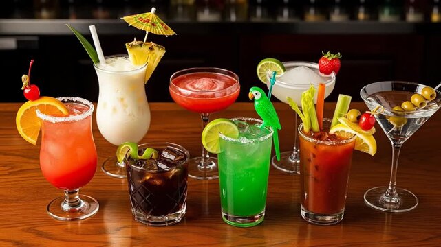 Assorted colorful cocktails lined up on a bar with fruit garnishes and umbrellas.