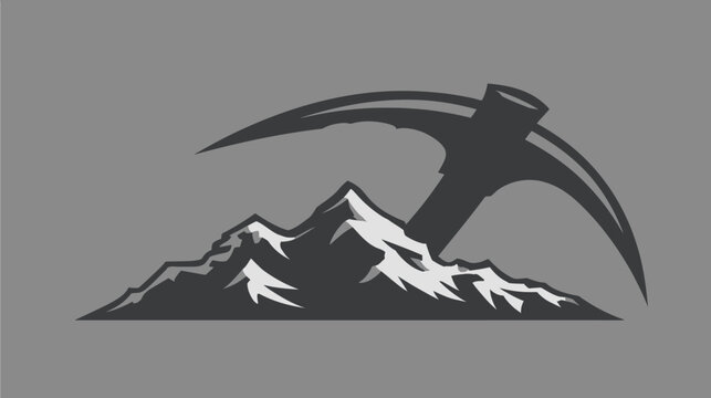 A grayscale illustration of a mountain range with a pickaxe above, against a gray backdrop