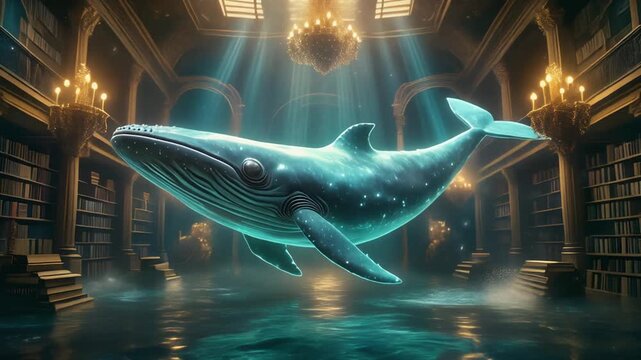 Majestic whale floating in an ornate library with mystical lighting and ancient bookshelves surrounding it, viewed from below, captured in a video