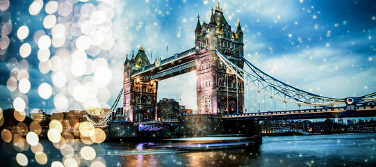 holiday lights and snowfall in London