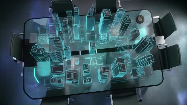 A futuristic smartphone displays a 3D graphic interface with glowing blue circuits and abstract shapes on a dark background from a top-down viewpoint