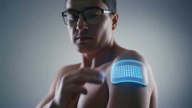 A man with glasses touches a glowing blue wearable device on his shoulder in a studio setting.