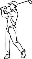 Obraz premium Outline vector of a golf player, isolated on white. Suitable for logos, posters, branding, icons, merchandise, and golf sports promotional designs.
