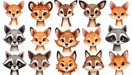 Fototapeta premium Collection of cute forest animal faces. Features foxes, deer, and raccoons in a watercolor illustration style. Perfect for children books, posters, and decor.