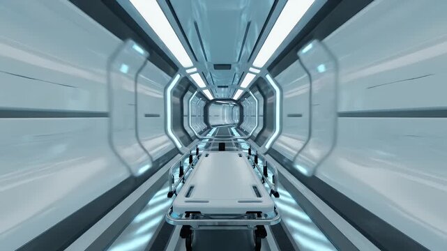 Futuristic Virtual Reality Simulation of an Emergency Medical Transport Corridor with Stretcher and Neon Blue Lights