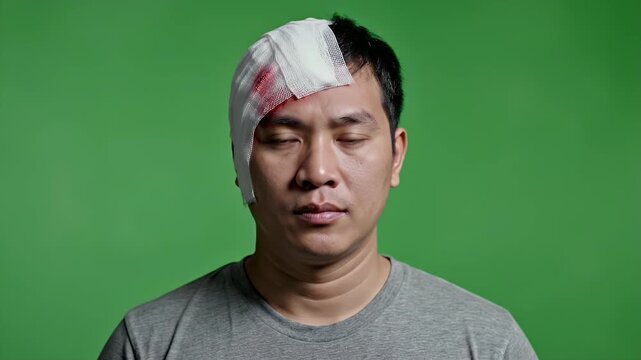 Injured Asian Man Head Bandaged and Bleeding in Medical Dressing Isolated on Green Screen Background With Serious Expression