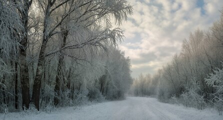 Obraz premium icy winter road through snow covered forest with frosted trees.