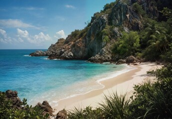 Naklejka premium tropical caribbean beach with turquoise water and rocky coastline on a sunny day.