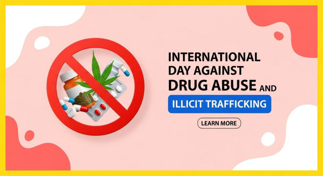 Detailed flat design poster for International Day against Drug Abuse and Illicit Trafficking, symbolizing global awareness campaign against narcotics and illegal trafficking on a soft pink b