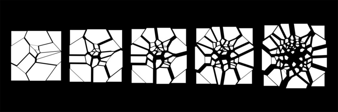 Black and white abstract broken glass panels. Sequential mosaic crack pattern for background design. Modern graphic art for texture creation.	