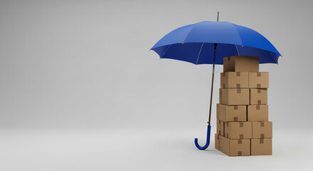 Blue umbrella protects stack of closed carton. Concept of security, safety, and guarantee, representative shipping, logistics, or insurance services. Free space