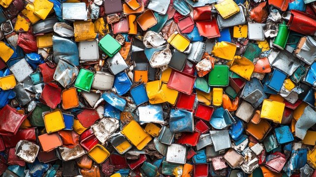 A Chaotic Pile of Crushed Colorful Metal Cans and Scraps for Recycling