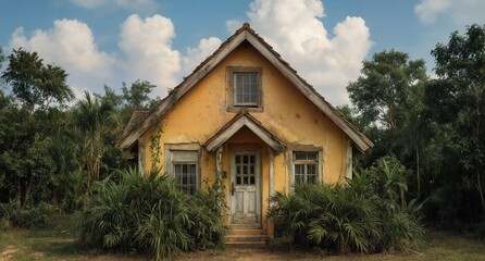 abandoned yellow cottage overgrown with lush tropical vegetation under a blue sky.
