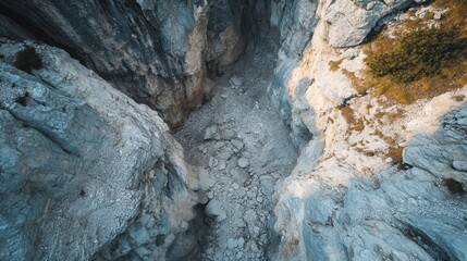 Naklejka premium Aerial view of rugged mountain terrain with deep rocky crevices and natural formations