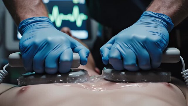 Medical Professional Uses Defibrillator Paddles for Life Saving Emergency Treatment Patient Chest with ECG Monitor Displaying Heart Rhythm