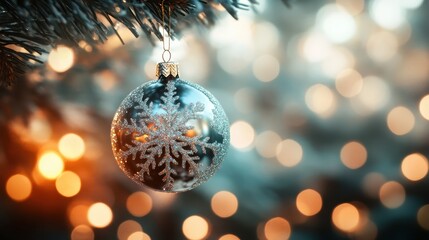 Obraz premium A dazzling snowflake Christmas ornament glitters on a festive tree with soft bokeh lights