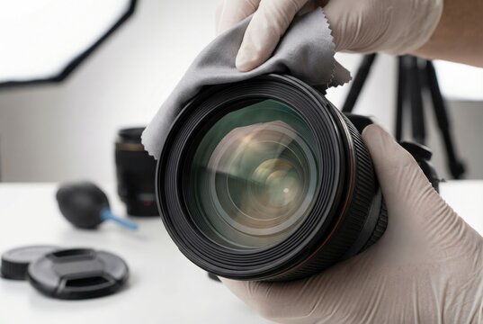 A photographer wearing white gloves carefully cleans the front element of a large professional camera lens with a gray cloth.