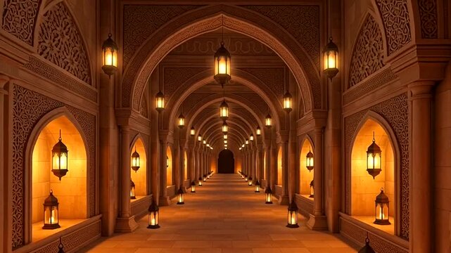 Ornate Arched Corridor with Lanterns and Columns.