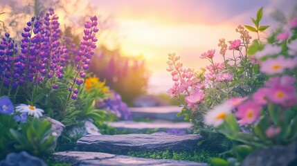 Obraz premium A stone pathway winding through a vibrant garden blooming with colorful wildflowers under the soft golden hour light.