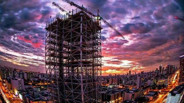 tower scaffolding at fiery sunset skyline, panoramic city lights and dramatic clouds, crane arm looming over steel framework, rooftop perspective highlighting evening construction progress and vibrant