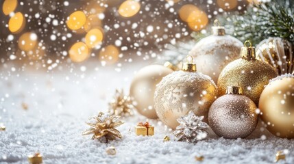Elegant Christmas ornaments dusted with snow and sparkling lights on a winter wonderland table