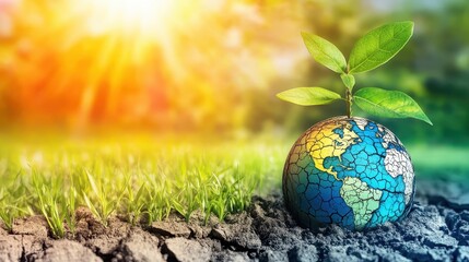 Earth sprouts new life under bright sun amidst cracked dry soil symbolizing climate change challenges and environmental hope