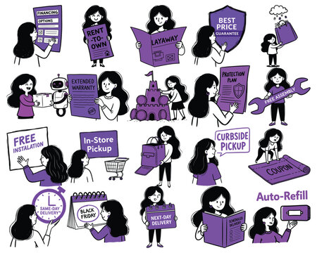 Woman illustrating retail payment and delivery options like layaway, financing, rent-to-own, and curbside pickup.