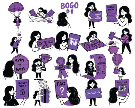 Woman illustrating promotional concepts like BOGO, contests, discounts, and sweepstakes for retail and marketing.