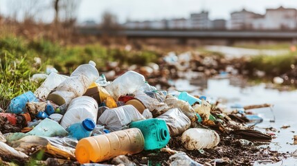 Environmental pollution caused by abundant trash spilling into a creek near a highway under overcast lighting