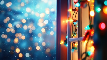 Festive Christmas Lights Adorning a Window With Twinkling Bokeh Background