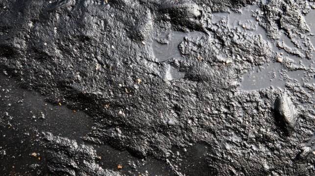 Close-up of wet dark mud surface with glistening water puddles showcasing natural textures and abstract patterns.