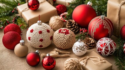 Festive handmade Christmas ornaments and decorations arranged with natural elements and gifts