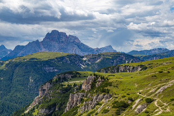Naklejka premium Mountain landscape with Tre Cime di Lavaredo view. Dolomites mountains. Italy