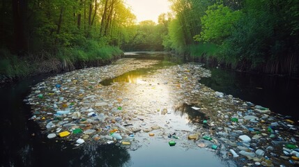 Floating Plastic Debris Cluttering Polluted River Surface Amidst Greenery and Sunlight
