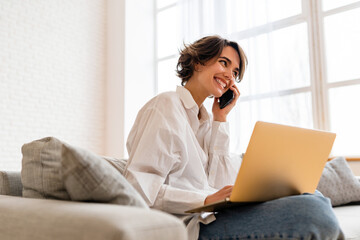 young pretty woman working online freelancer, remote job