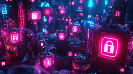 Glowing digital padlocks symbolizing secure data backups on encrypted servers in a neon-lit cloud storage setting