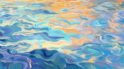 Fototapeta premium Impressionistic Abstract of Coastal Water Reflections with Warm Sunset Hues and Cool Blue Tones