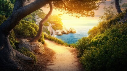 Fototapeta premium Golden Sunlight Illuminates a Coastal Pathway Leading to a Breathtaking Ocean Overlook