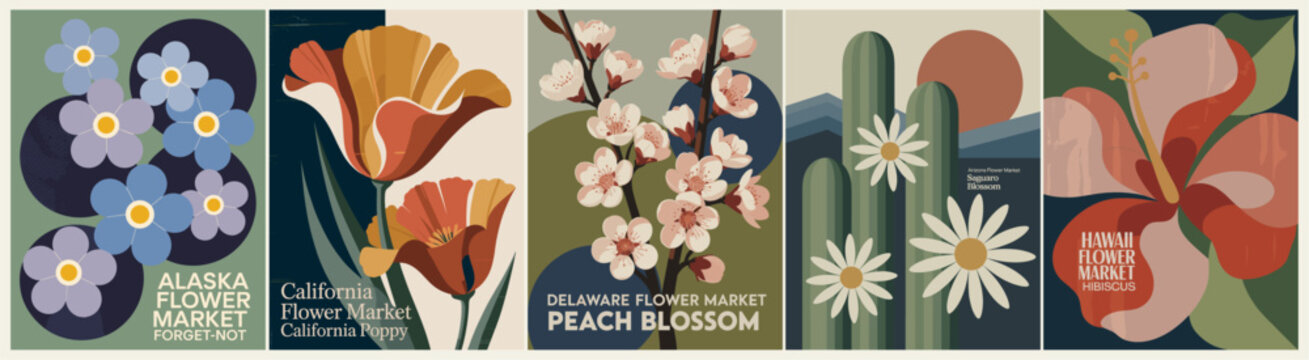 Five retro-style floral posters featuring Alaska forget-me-nots, California poppies, Delaware peach blossoms, Arizona saguaro blooms, and Hawaii hibiscus.