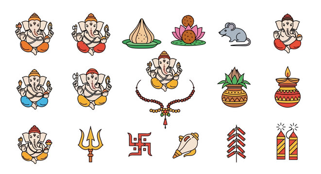 Collection of Hindu deity symbols and icons displayed in a grid arrangement on a plain background viewed from directly above