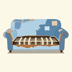Ripped Old Couch Showing Internal Springs and Patchwork
