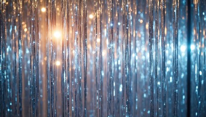 Obraz premium Sparkling silver tinsel fringe curtain shines with warm bokeh lights behind. Shimmering metallic strands create festive holiday or party backdrop. Shiny shiny material adds glamour and fun.