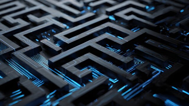 Dark futuristic cyber maze with glowing blue pathways, high-tech digital background.