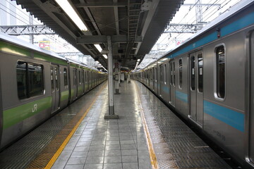 東京の駅を走る山手線E231系と京浜東北線209系