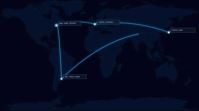 Hub connecting a server in New York, S&atilde;o Paulo, London, and Tokyo.