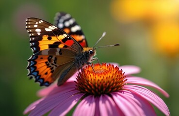 Obraz premium Small orange and black butterfly lands on purple coneflower. Insect sips nectar using long tongue. Summer garden scene, detailed nature close up.