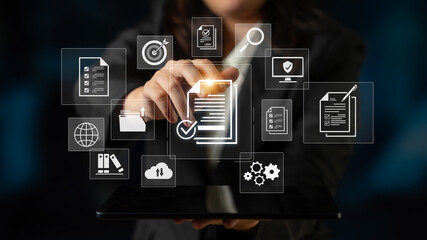 Fototapeta premium Concept of corporate compliance and quality control. Following a checklist and adhering to company policy and regulatory standards, confirmed by an official audit documentation. Fermion