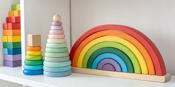 Colorful wooden toys arranged on a shelf to enhance children's creativity and playtime in a vibrant, cheerful setting